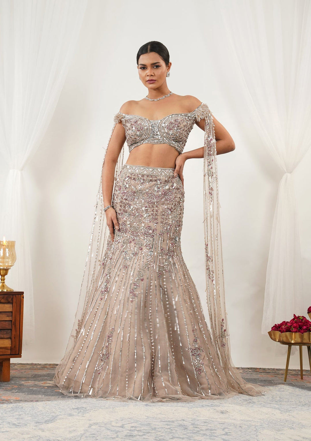Beige Cutdana Net Readymade Lehenga-Koskii