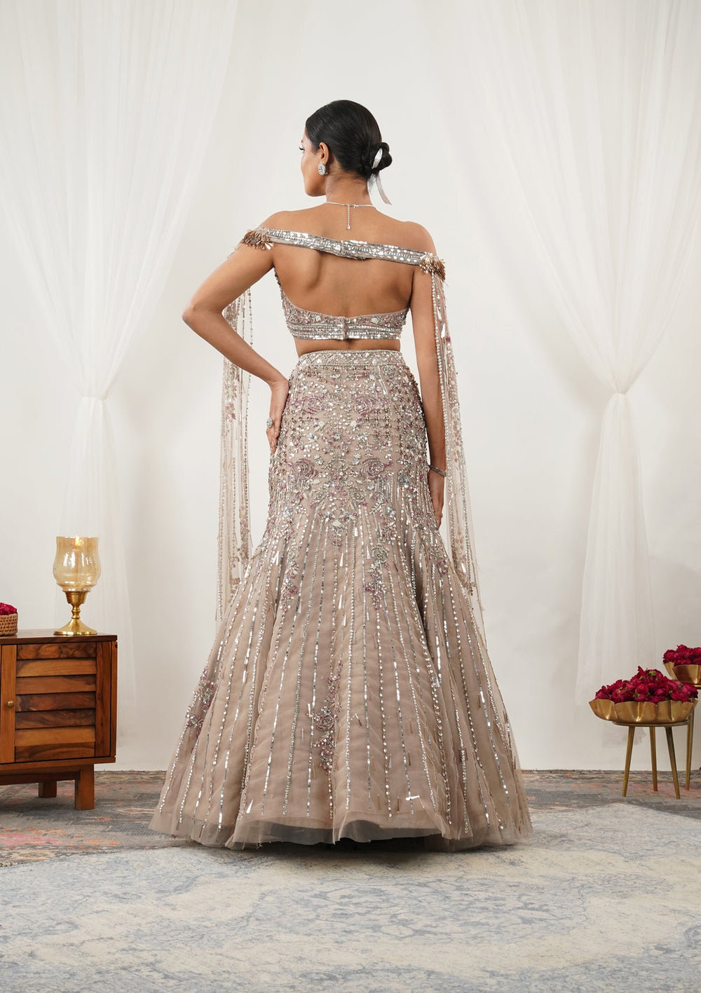 Beige Cutdana Net Readymade Lehenga-Koskii