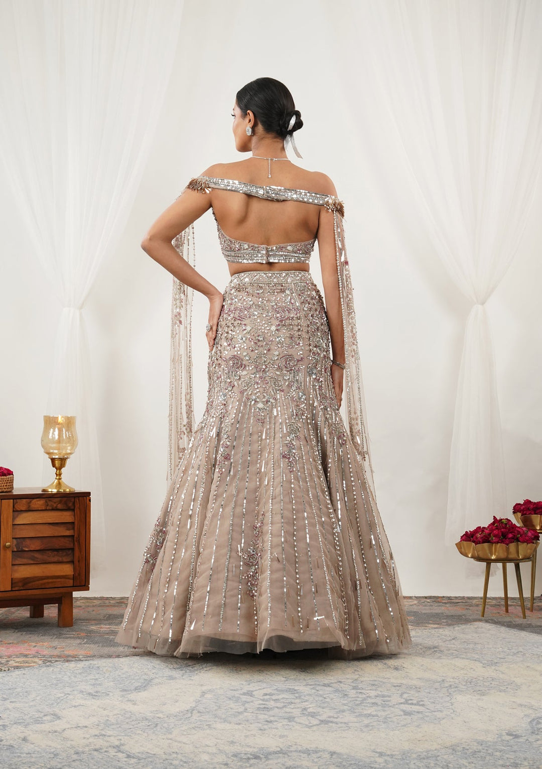 Beige Cutdana Net Readymade Lehenga-Koskii