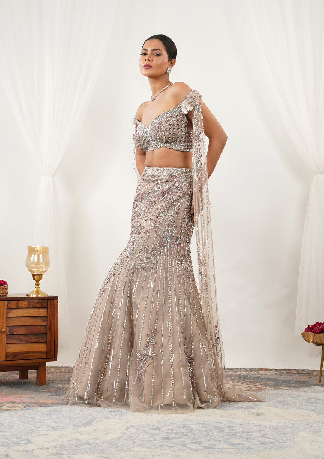 Beige Cutdana Net Readymade Lehenga-Koskii