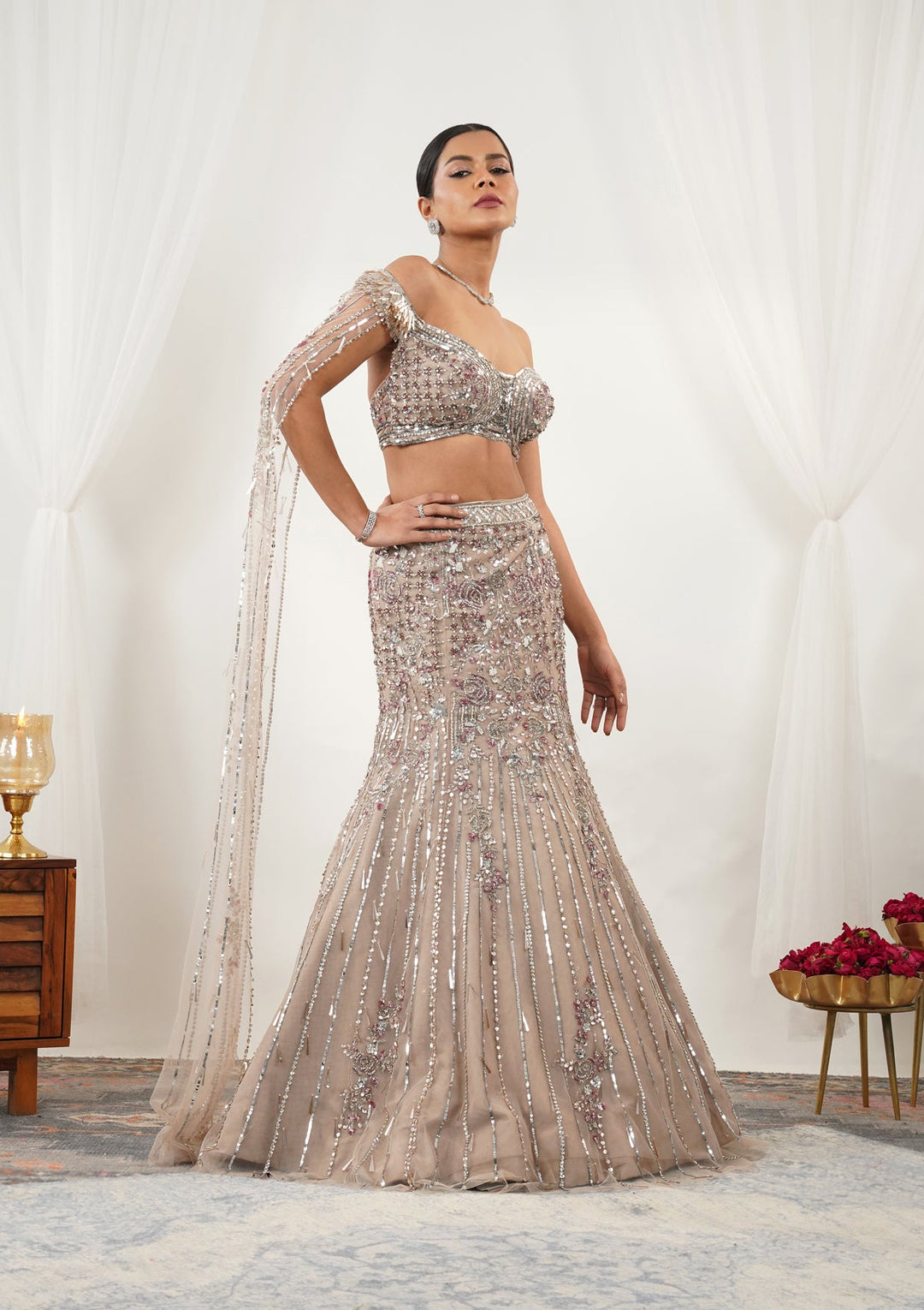 Beige Cutdana Net Readymade Lehenga-Koskii
