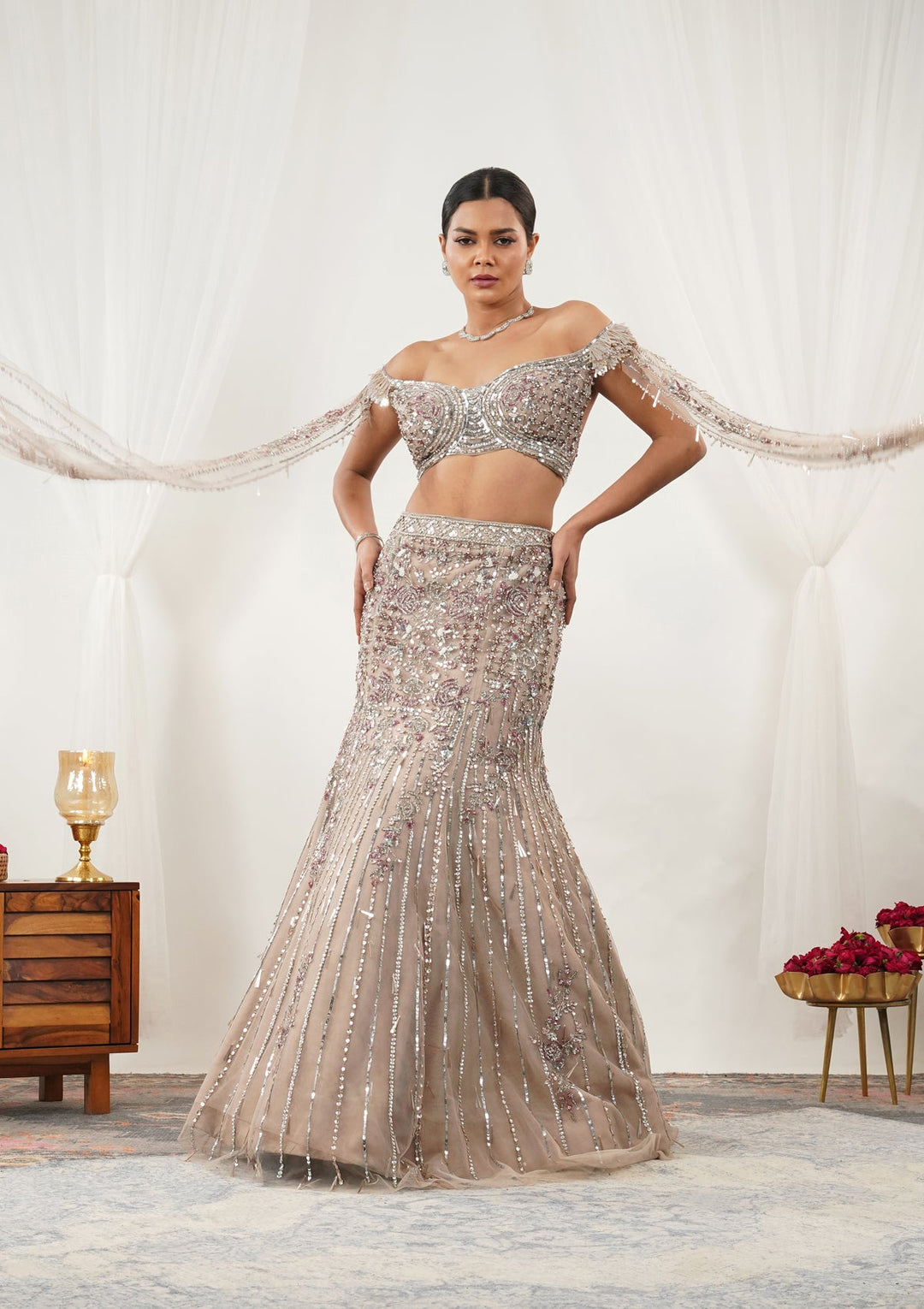 Beige Cutdana Net Readymade Lehenga-Koskii