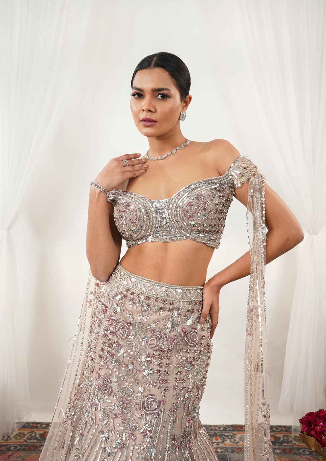 Beige Cutdana Net Readymade Lehenga-Koskii