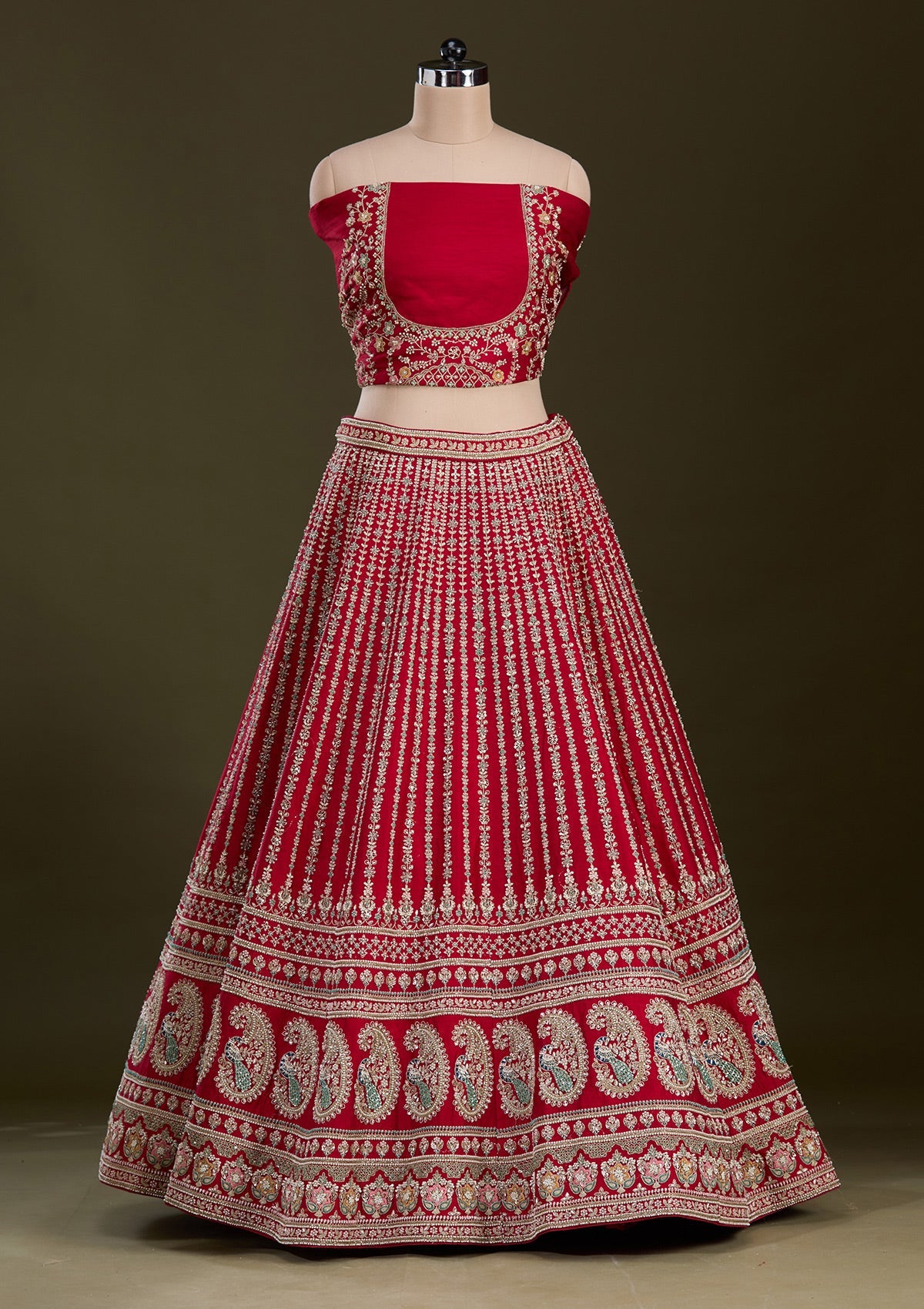 Red Zariwork Raw Silk Readymade Lehenga-Koskii