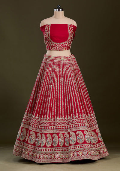 Red Zariwork Raw Silk Readymade Lehenga-Koskii