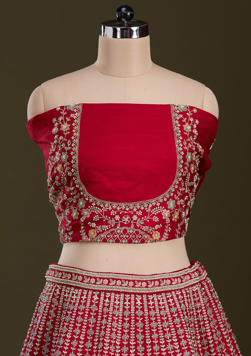 Red Zariwork Raw Silk Readymade Lehenga-Koskii
