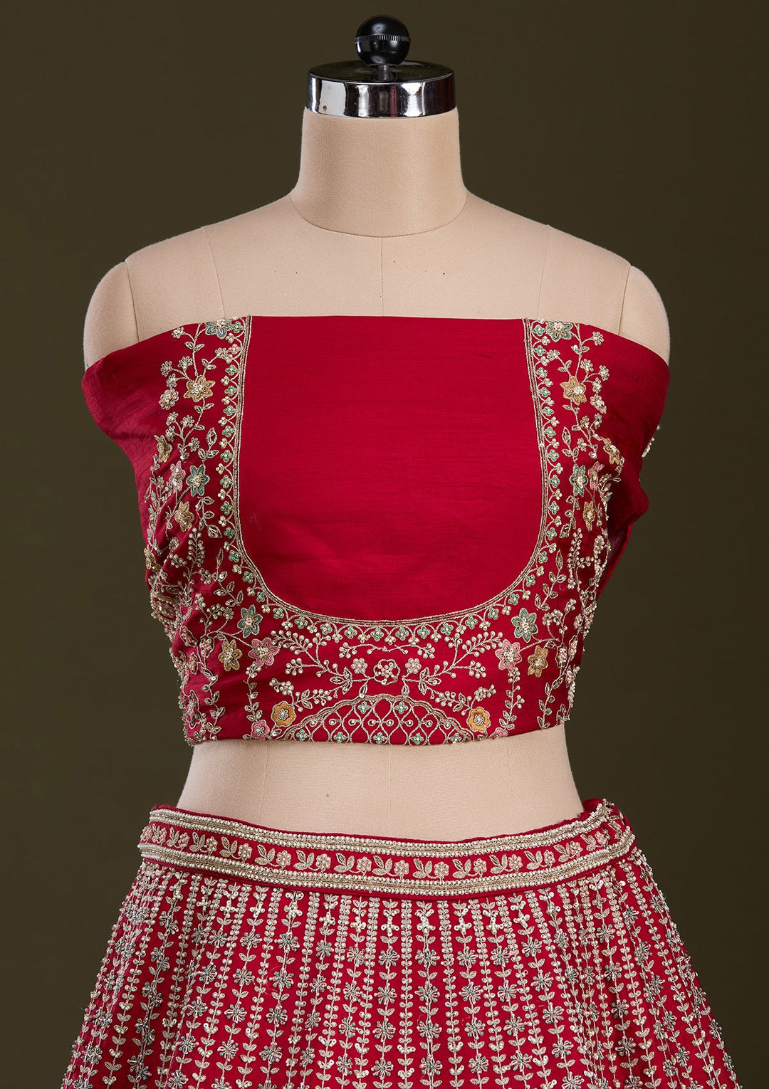 Red Zariwork Raw Silk Readymade Lehenga-Koskii