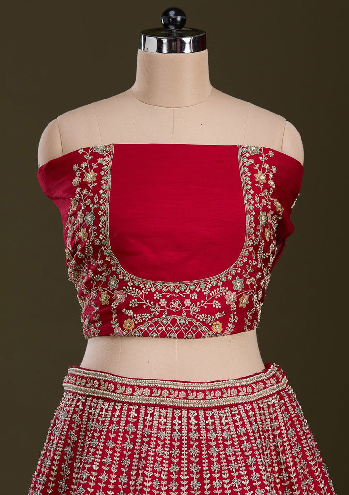 Red Zariwork Raw Silk Readymade Lehenga-Koskii