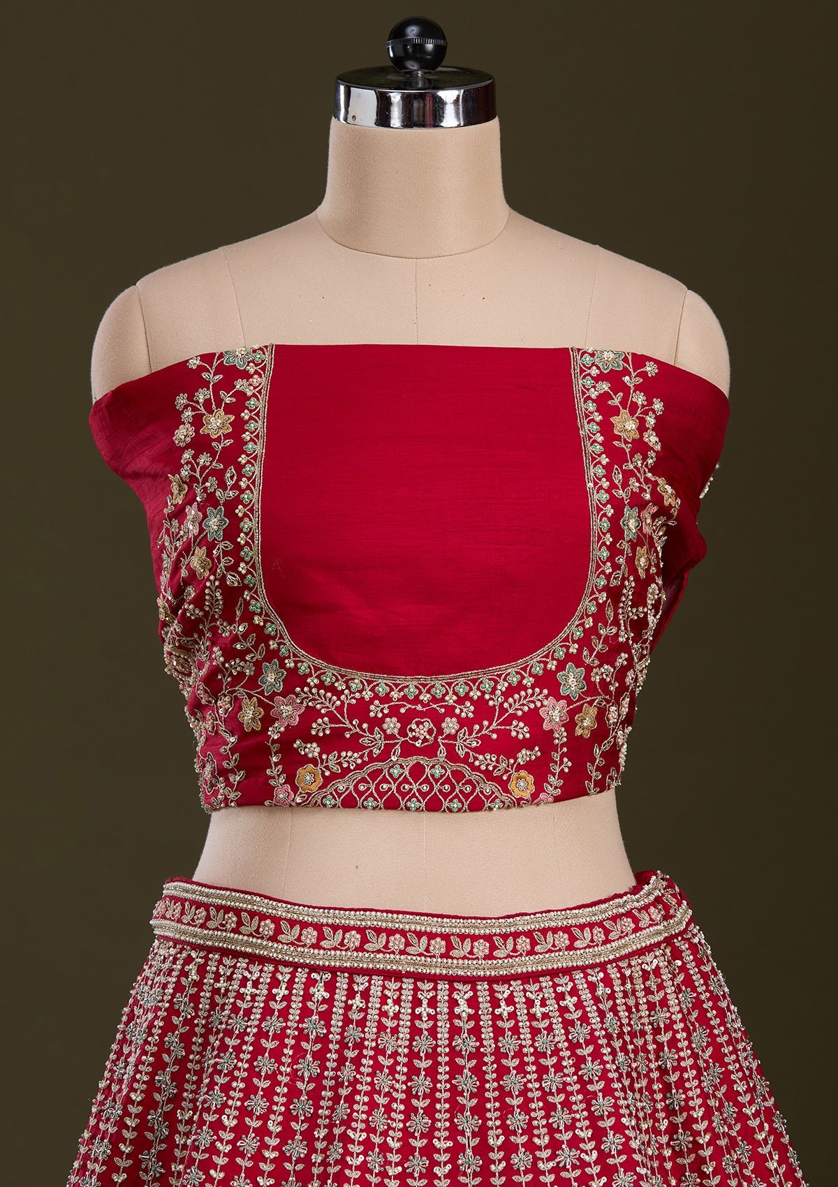 Red Zariwork Raw Silk Readymade Lehenga-Koskii