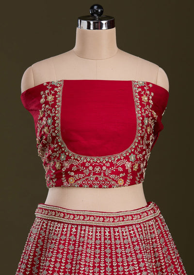 Red Zariwork Raw Silk Readymade Lehenga-Koskii