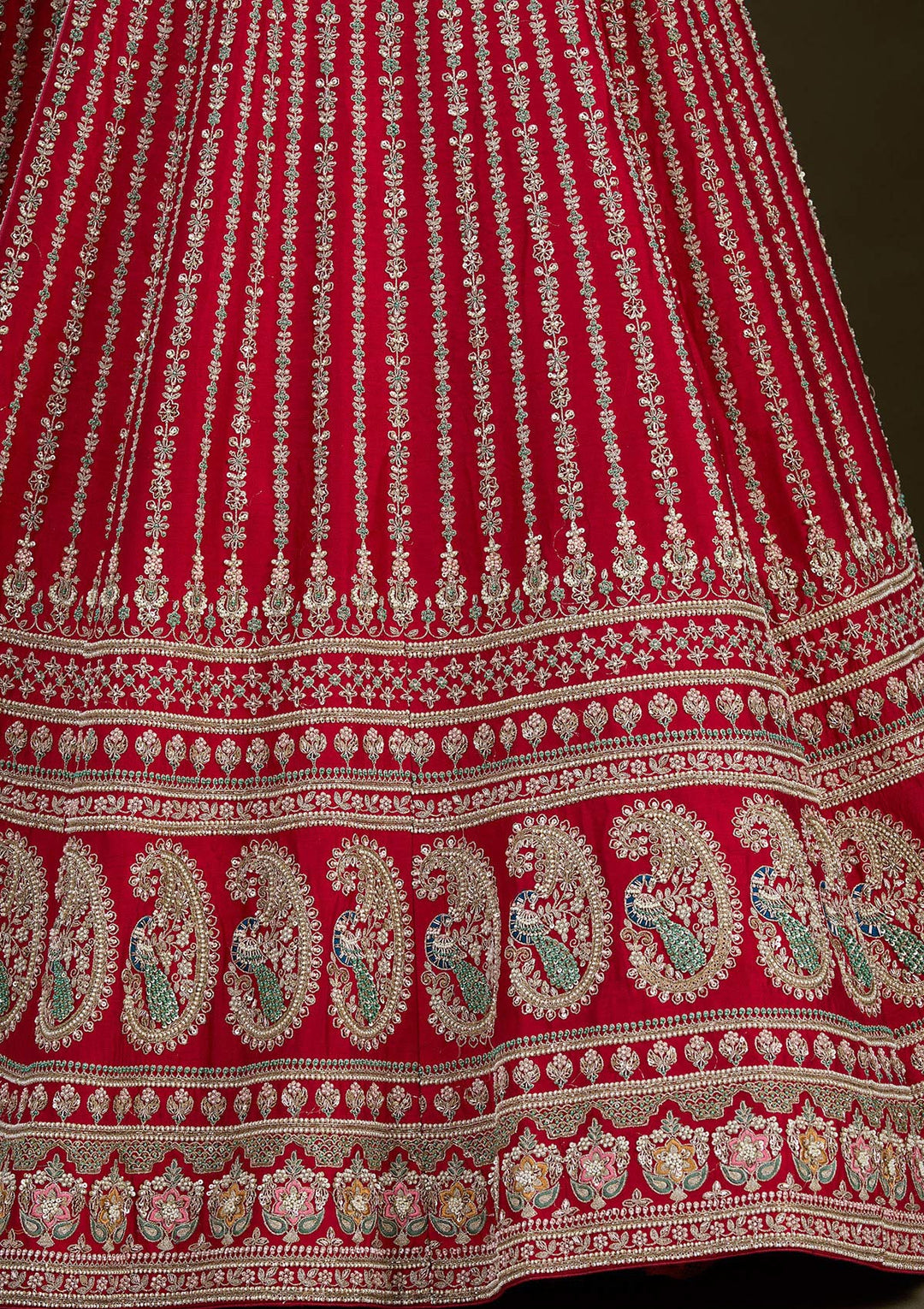Red Zariwork Raw Silk Readymade Lehenga-Koskii