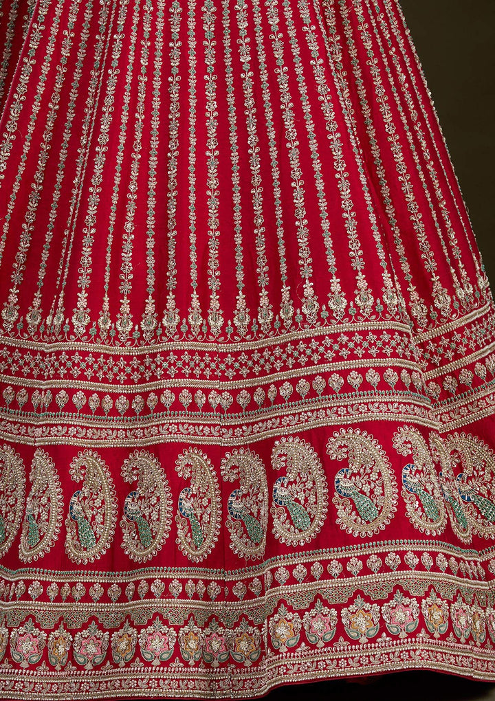 Red Zariwork Raw Silk Readymade Lehenga-Koskii