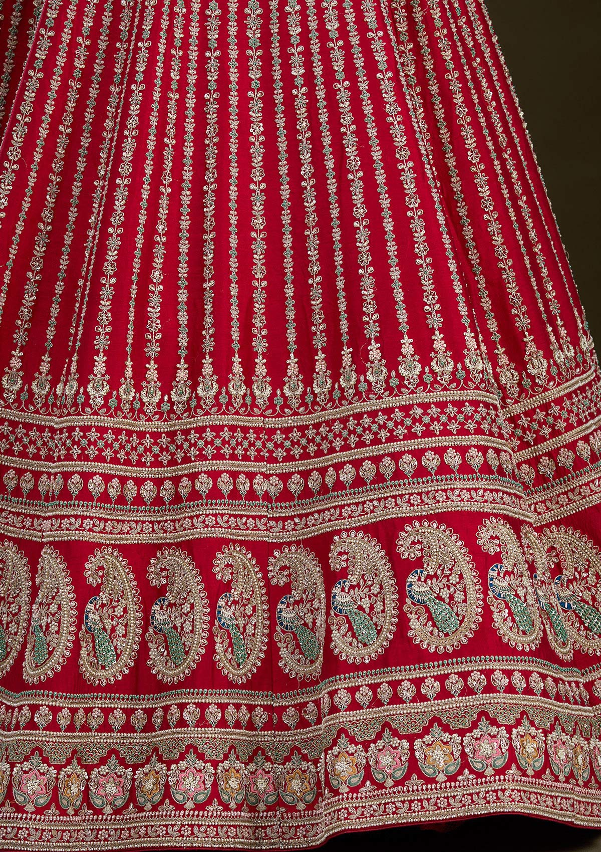 Red Zariwork Raw Silk Readymade Lehenga-Koskii