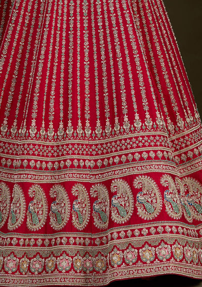 Red Zariwork Raw Silk Readymade Lehenga-Koskii