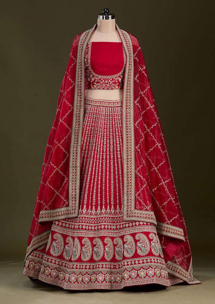 Red Zariwork Raw Silk Readymade Lehenga-Koskii