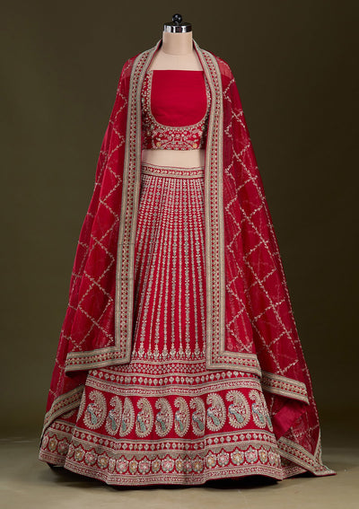 Red Zariwork Raw Silk Readymade Lehenga-Koskii