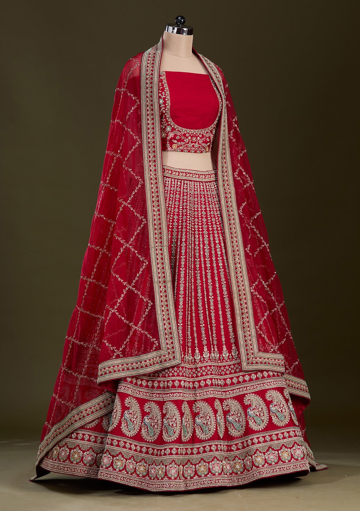 Red Zariwork Raw Silk Readymade Lehenga-Koskii