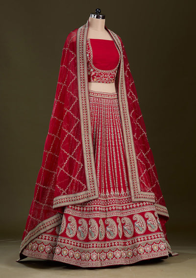 Red Zariwork Raw Silk Readymade Lehenga-Koskii