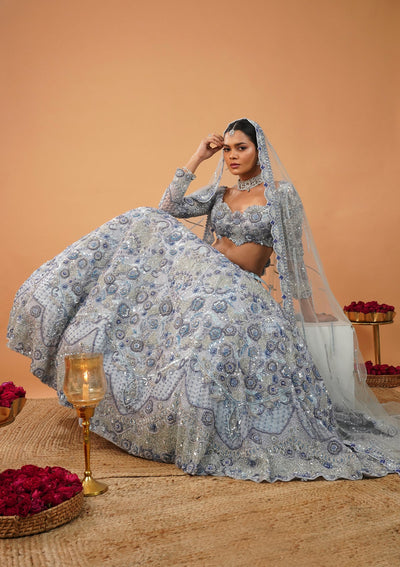 Sky Blue Cutdana Net Readymade Lehenga-Koskii