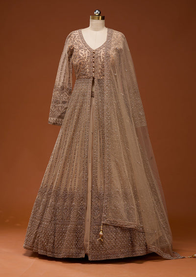 Beige Stonework Net Readymade Lehenga_Koskii
