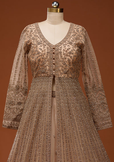 Beige Stonework Net Readymade Lehenga_Koskii