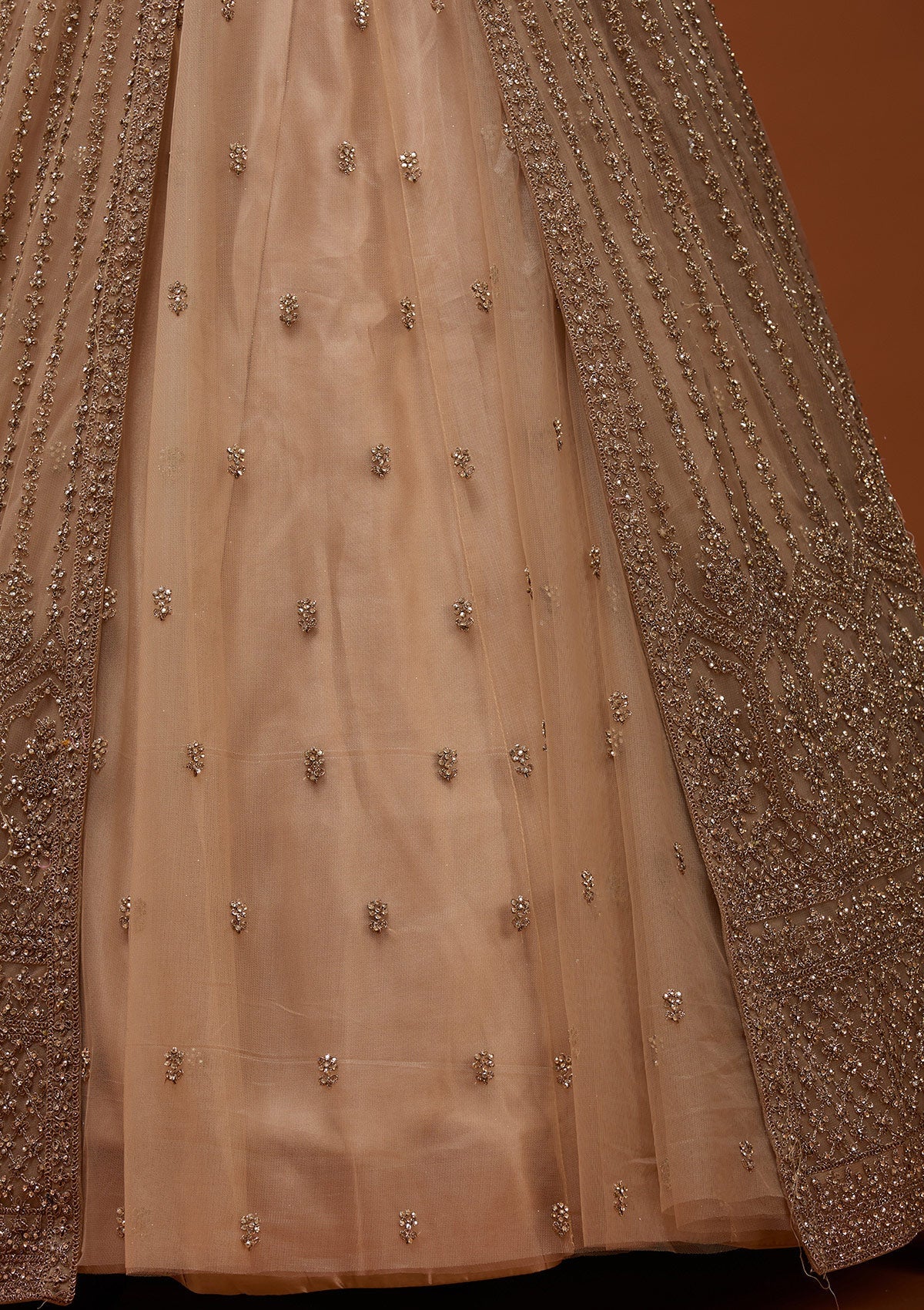 Beige Stonework Net Readymade Lehenga_Koskii