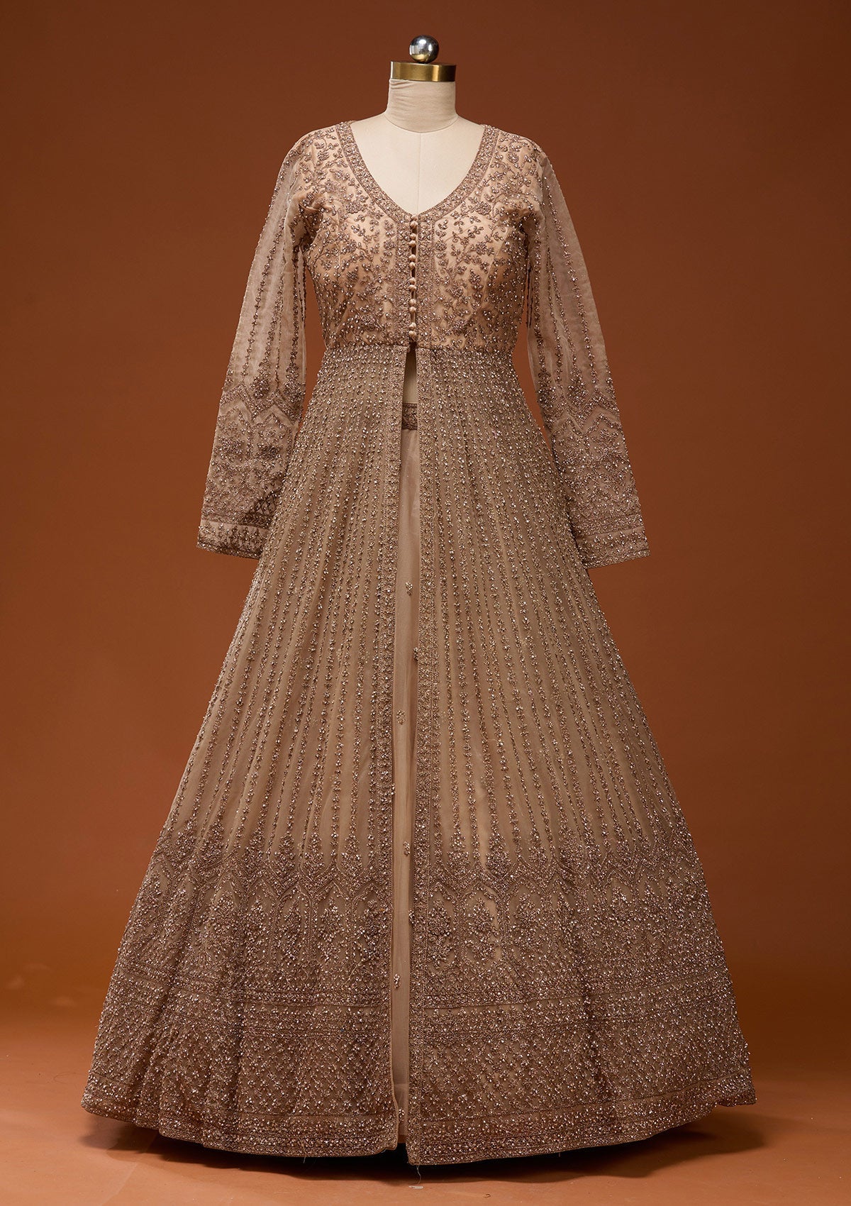 Beige Stonework Net Readymade Lehenga_Koskii