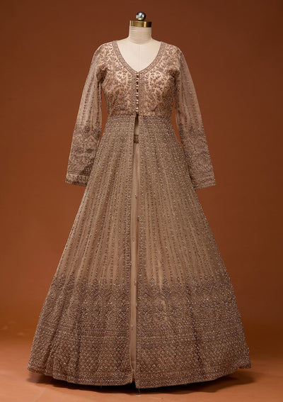 Beige Stonework Net Readymade Lehenga_Koskii