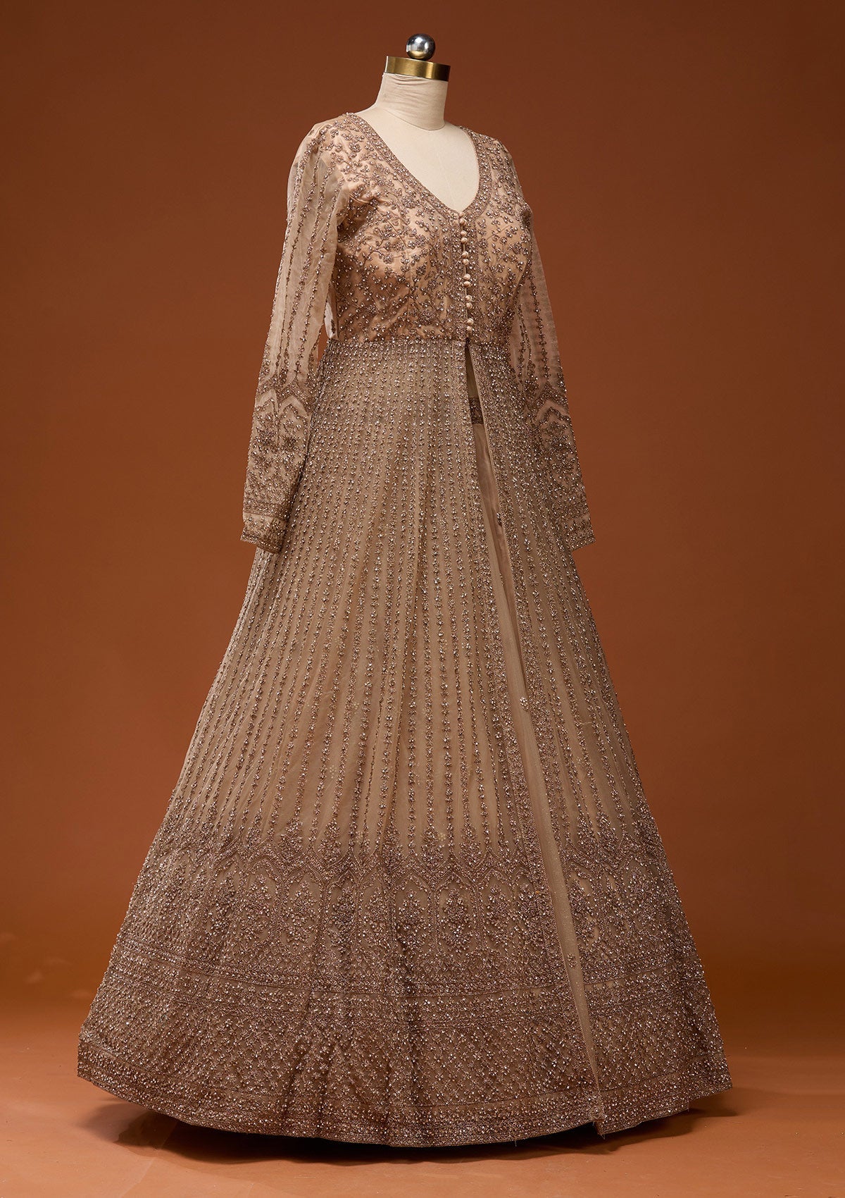 Beige Stonework Net Readymade Lehenga_Koskii