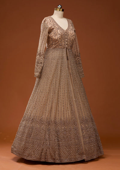 Beige Stonework Net Readymade Lehenga_Koskii