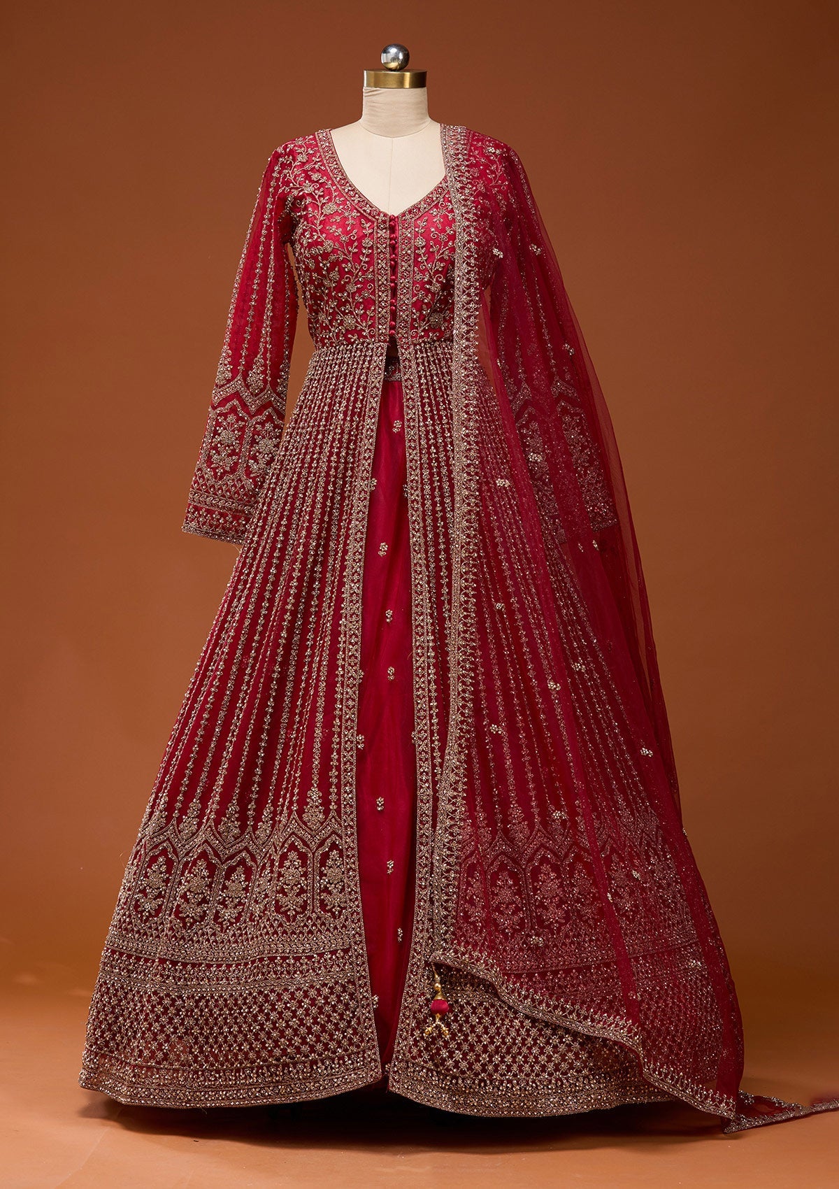 Maroon Stonework Net Readymade Lehenga_Koskii
