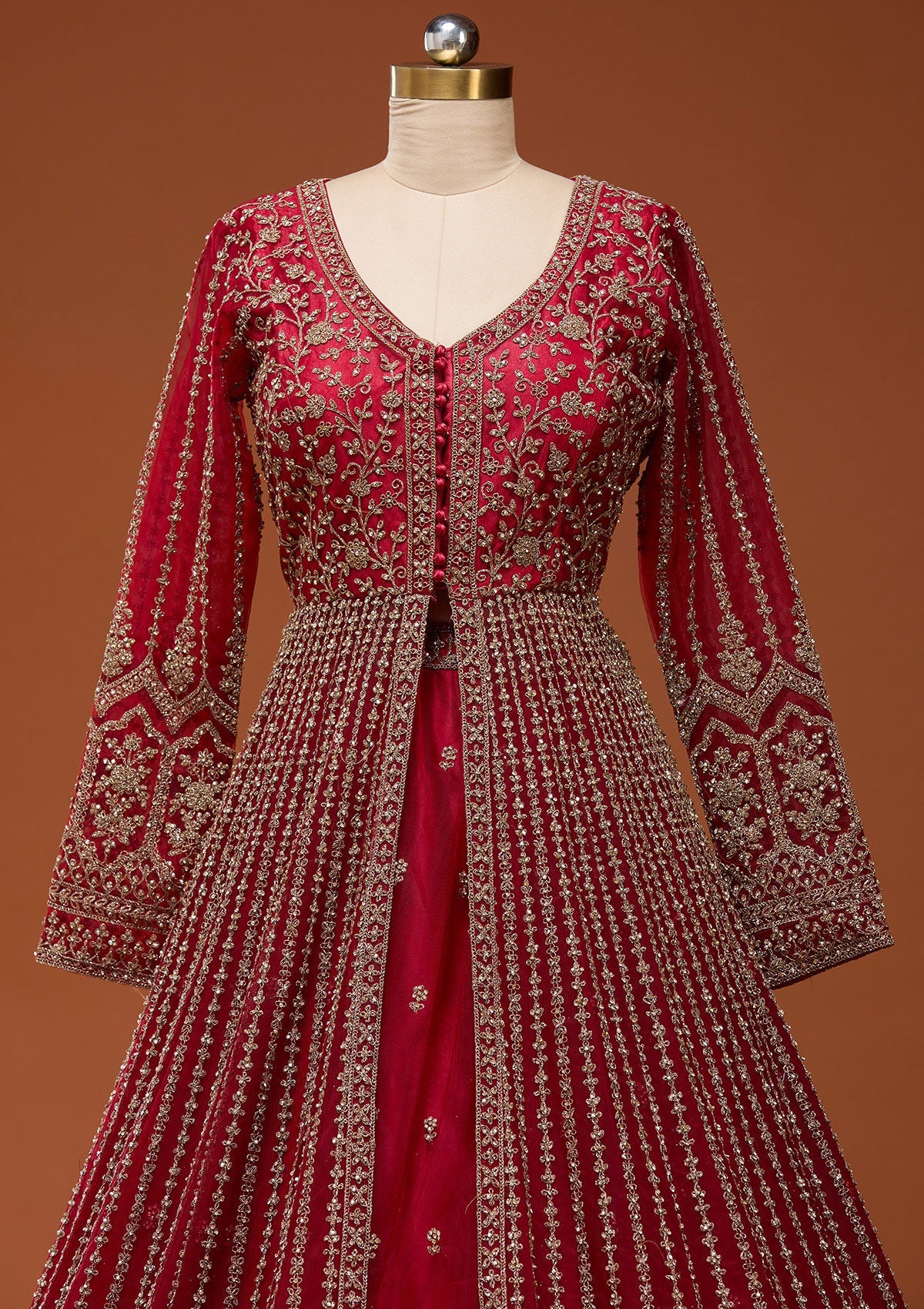 Maroon Stonework Net Readymade Lehenga_Koskii