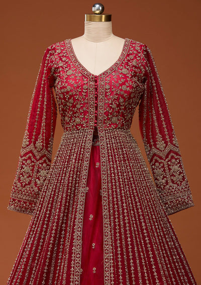 Maroon Stonework Net Readymade Lehenga_Koskii