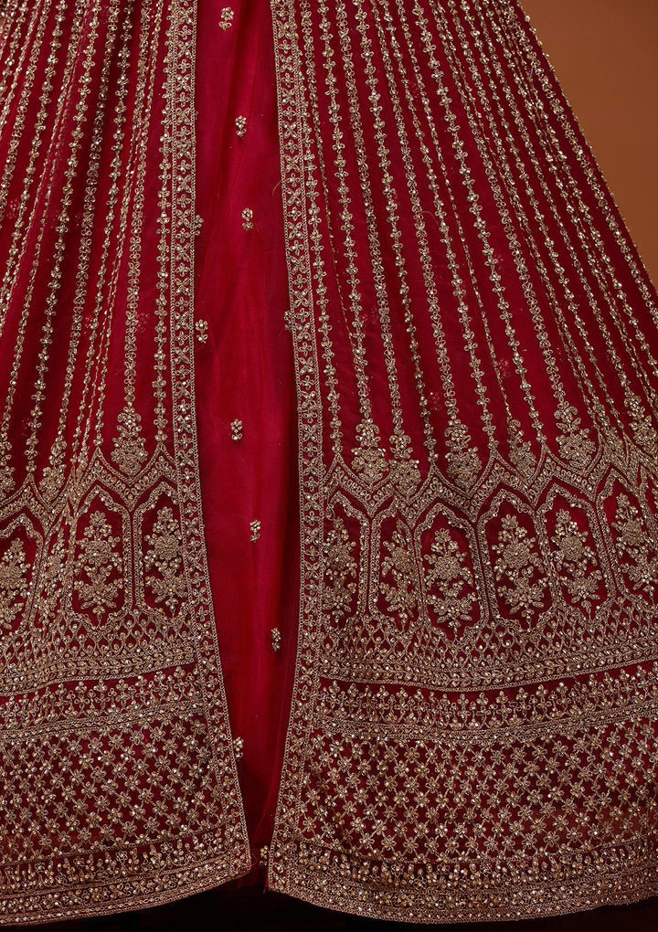 Maroon Stonework Net Readymade Lehenga_Koskii