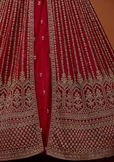 Maroon Stonework Net Readymade Lehenga_Koskii