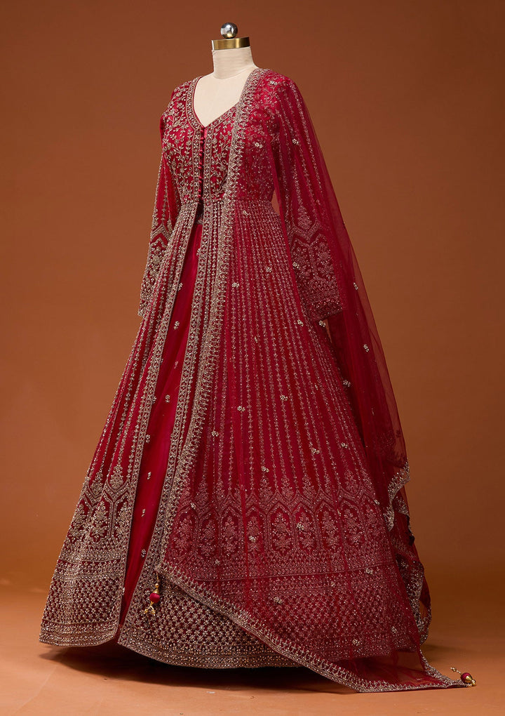 Maroon Stonework Net Readymade Lehenga_Koskii
