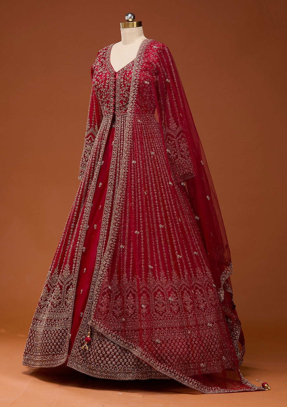 Maroon Stonework Net Readymade Lehenga_Koskii
