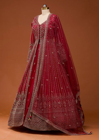 Maroon Stonework Net Readymade Lehenga_Koskii