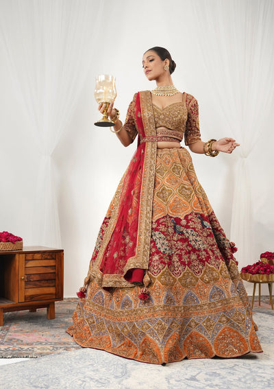 Maroon Zardosi Raw Silk Readymade Lehenga-Koskii