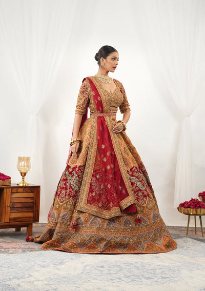 Maroon Zardosi Raw Silk Readymade Lehenga-Koskii