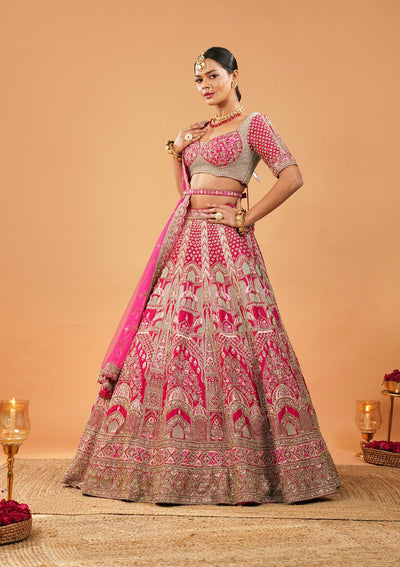Rani Pink Zardosi Raw Silk Readymade Lehenga-Koskii