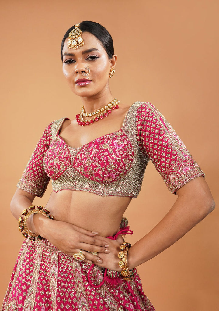 Rani Pink Zardosi Raw Silk Readymade Lehenga-Koskii