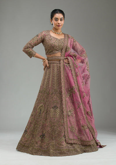 Pink Zariwork Net Semi Stitched Lehenga-Koskii