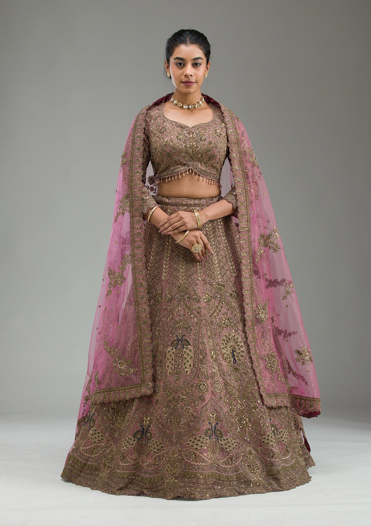 Pink Zariwork Net Semi Stitched Lehenga-Koskii