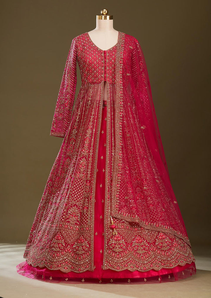 Rani Pink Zariwork (Gold) Net Readymade Lehenga