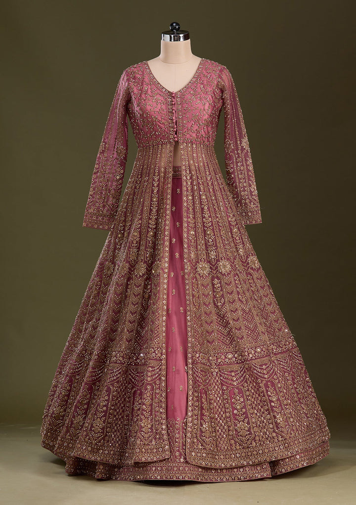 Onion Pink Stonework Net Readymade Lehenga-Koskii