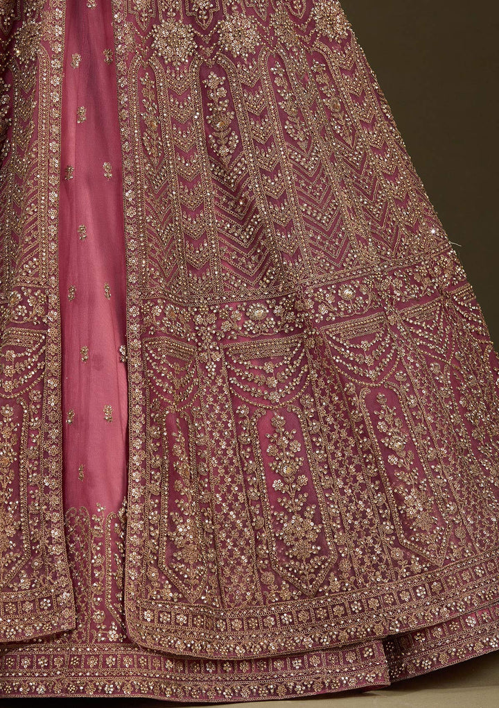 Onion Pink Stonework Net Readymade Lehenga-Koskii