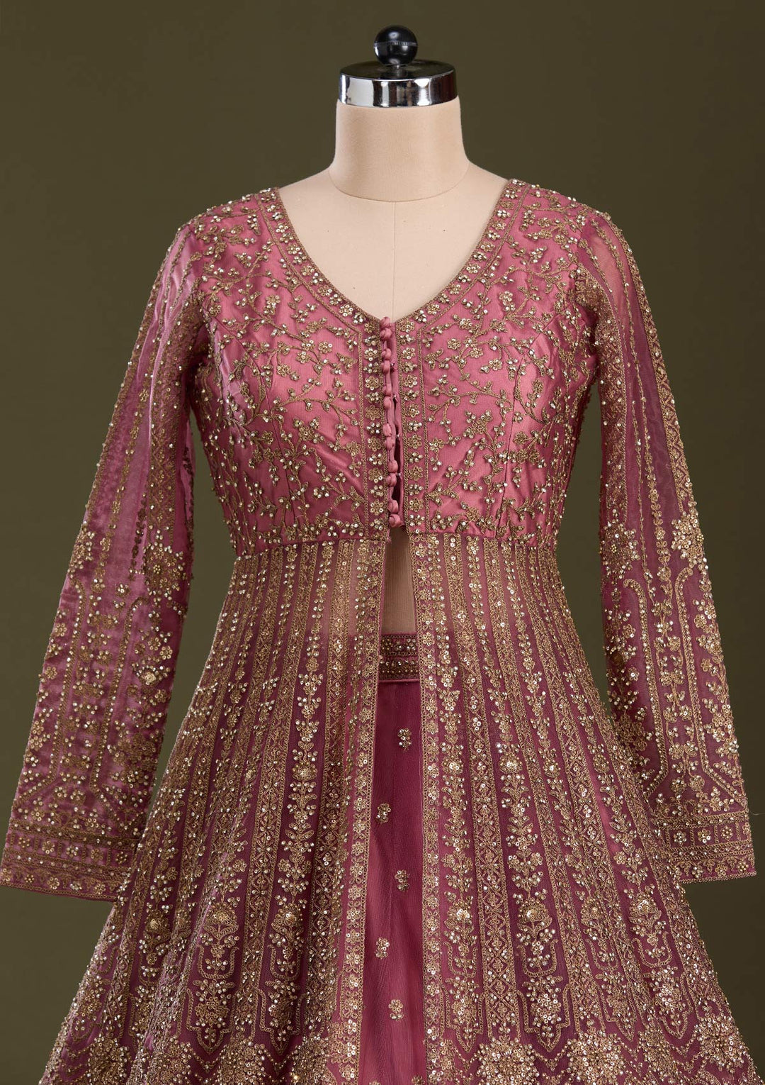 Onion Pink Stonework Net Readymade Lehenga-Koskii