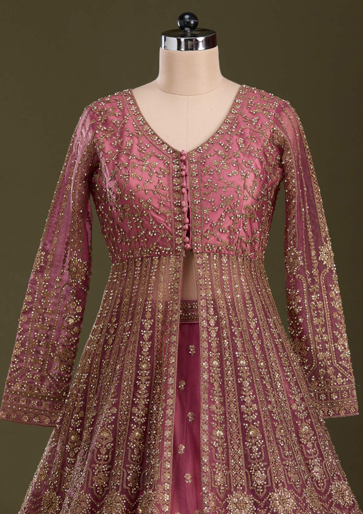 Onion Pink Stonework Net Readymade Lehenga-Koskii