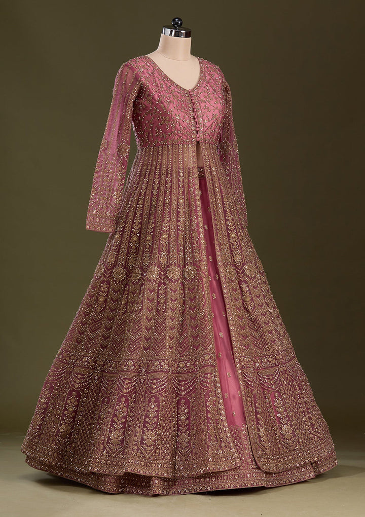 Onion Pink Stonework Net Readymade Lehenga-Koskii